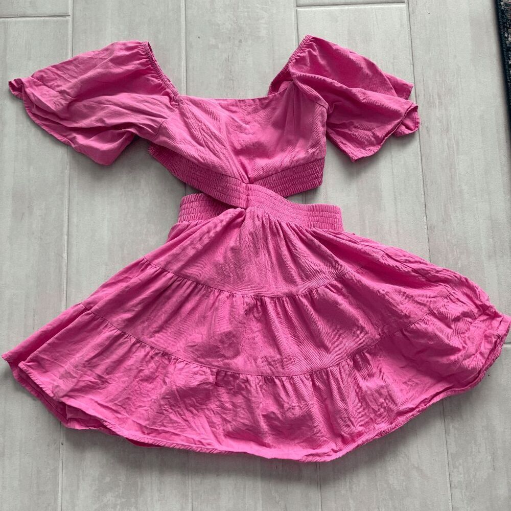 Shy Velvet Cut Out Waist Smocked Mini Spring Dress Barbie Pink Flutter Sleeves S